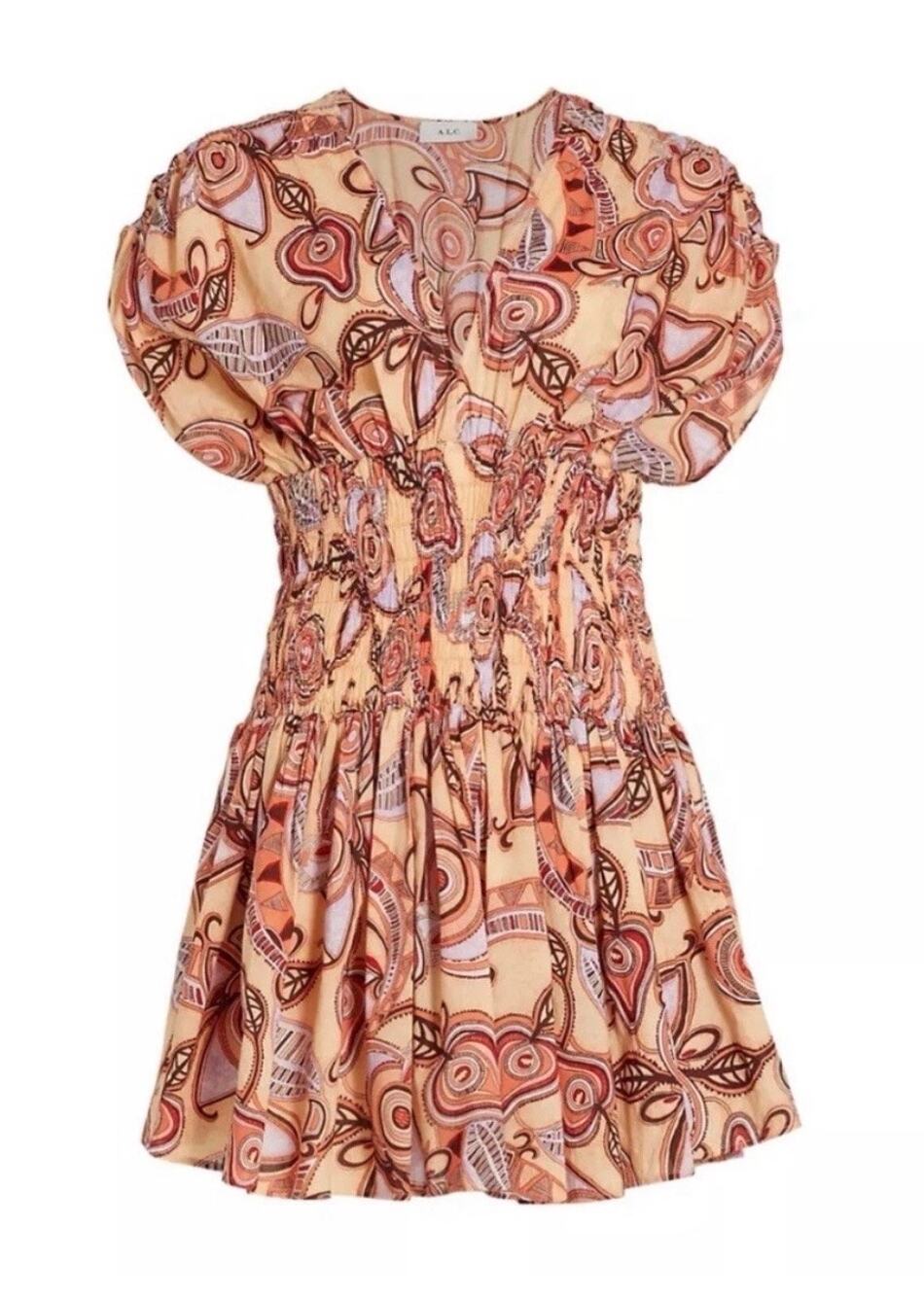 A.L.C. Mini Dress Luna Smocked Peach Multicolor Fit and Flare 100% cotton